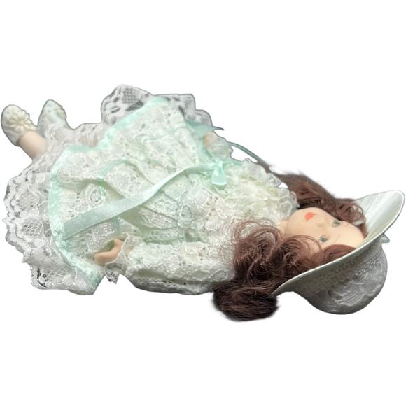 Porcelain Girl Doll in Mint Green Lace Dress with Wide Brim Hat - Picture 5 of 8